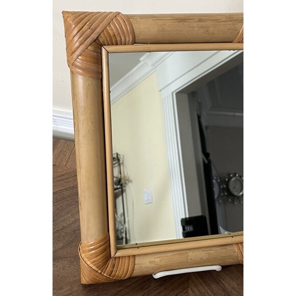 VTG MCM Rattan Bamboo Mirror Vintage Rectangular 12.5x10in Boho Beach Coastal - Picture 3 of 9